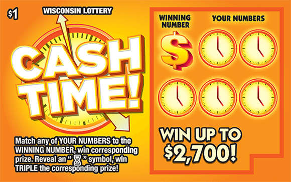 Cash Time Scratch Game orange background with a clock behind ticket name and orange dollar sign over winning number and orange clocks in your numbers area on scratch ticket from wisconsin lottery