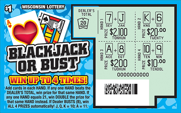Blackjack or Bust Scratch Game blue background with light blue card symbols in repeating pattern scratched to reveal card hands and dollar amounts in play area on scratch ticket from wisconsin lottery