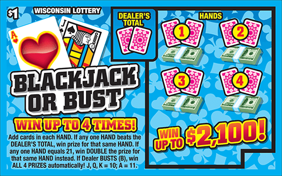 blue background with light blue card symbols in repeating pattern with red cards in play area and stacks of dollar bills on scratch ticket from wisconsin lottery
