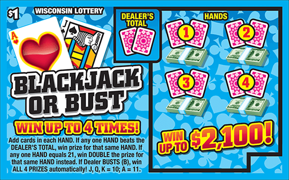 Blackjack or Bust Scratch Game blue background with light blue card symbols in repeating pattern with red cards in play area and stacks of dollar bills on scratch ticket from wisconsin lottery