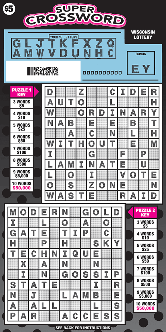 black polka dot background with magenta accents scratched to reveal letters in the your letters area and two scratched crossword grids