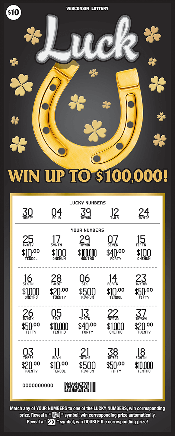 black background with golden horseshoe and gold four leaf clovers scratched to reveal winning numbers and prize amounts on scratch ticket from wisconsin lottery