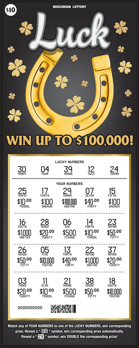 Luck Scratch Game black background with golden horseshoe and gold four leaf clovers scratched to reveal winning numbers and prize amounts on scratch ticket from wisconsin lottery