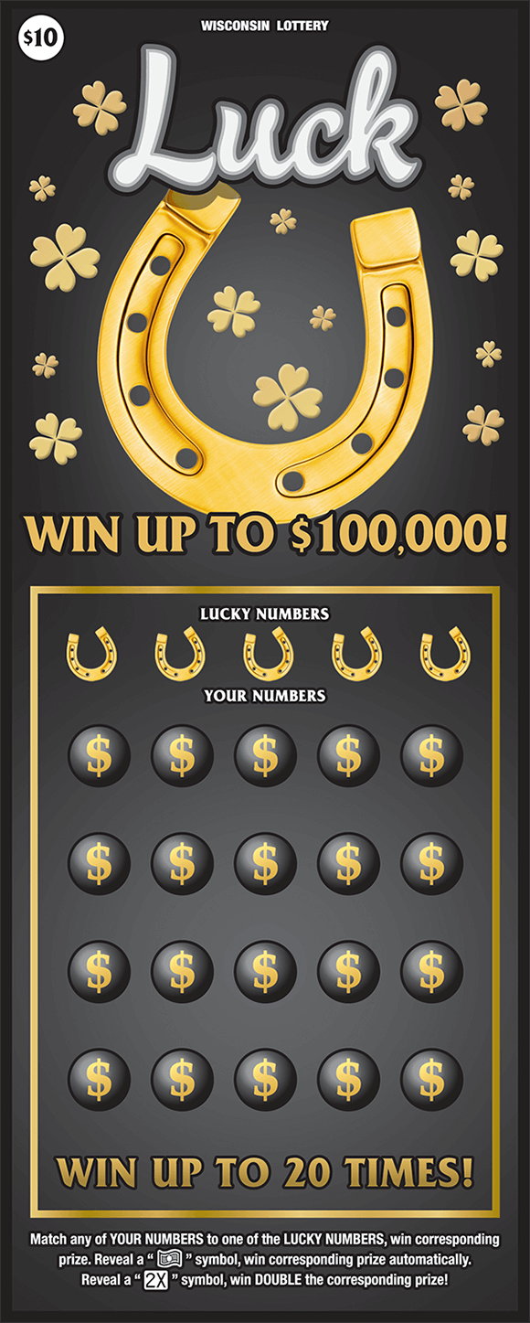 black background with golden horseshoe and gold four leaf clovers on ticket with gold horseshoes and gold dollar signs in play area on scratch ticket from wisconsin lottery
