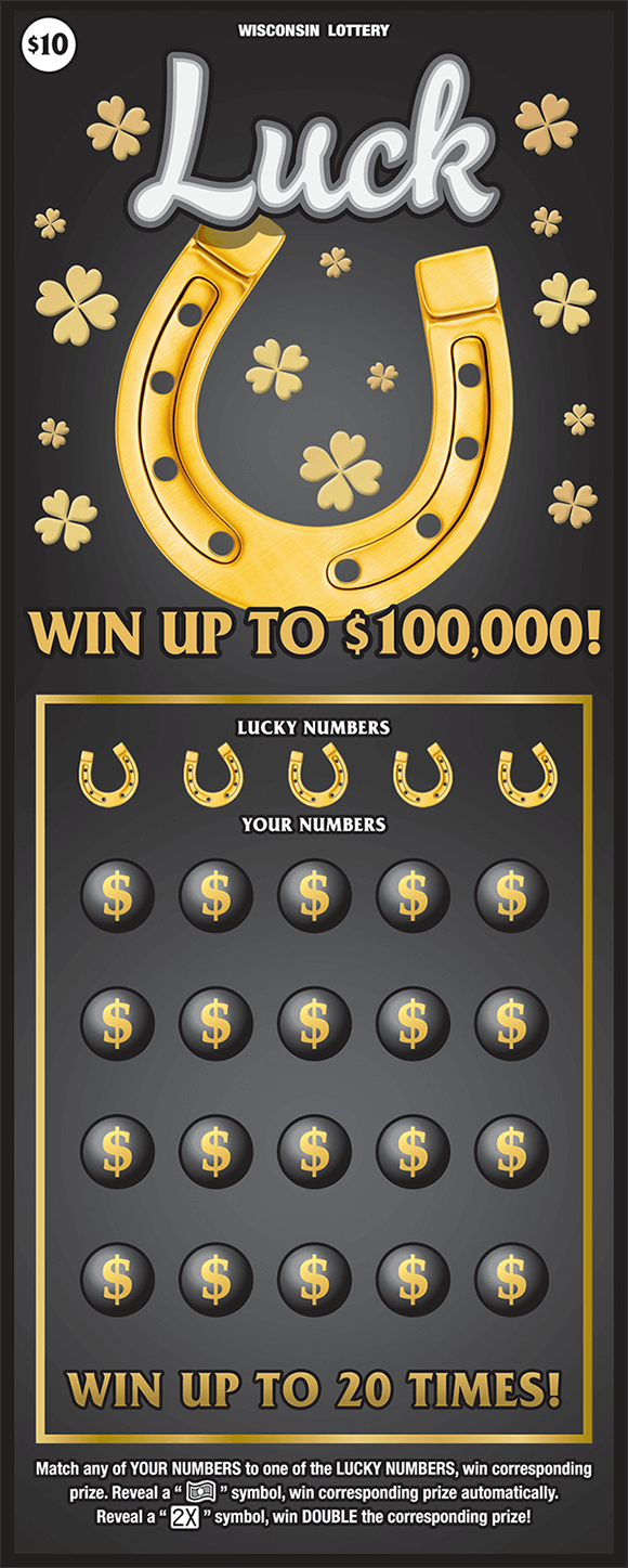 Luck Scratch Game black background with golden horseshoe and gold four leaf clovers on ticket with gold horseshoes and gold dollar signs in play area on scratch ticket from wisconsin lottery