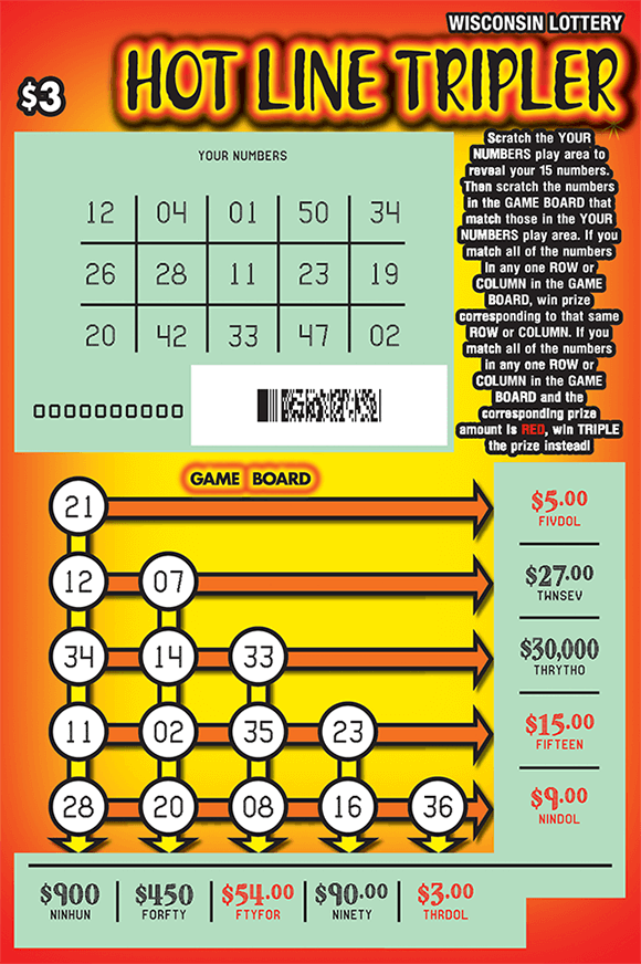 red background fading to yellow and orange towards the center with vertical and horizontal arrows in play area leading from numbers to prize amounts on scratch ticket from wisconsin lottery