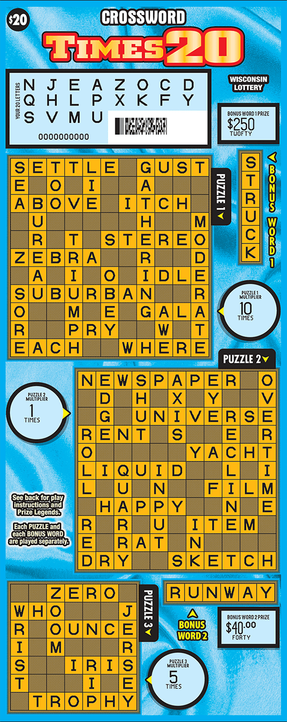 blue and light blue background with three brown and orange crossword puzzles scratched to reveal letters in the your letters area on scratch ticket from wisconsin lottery