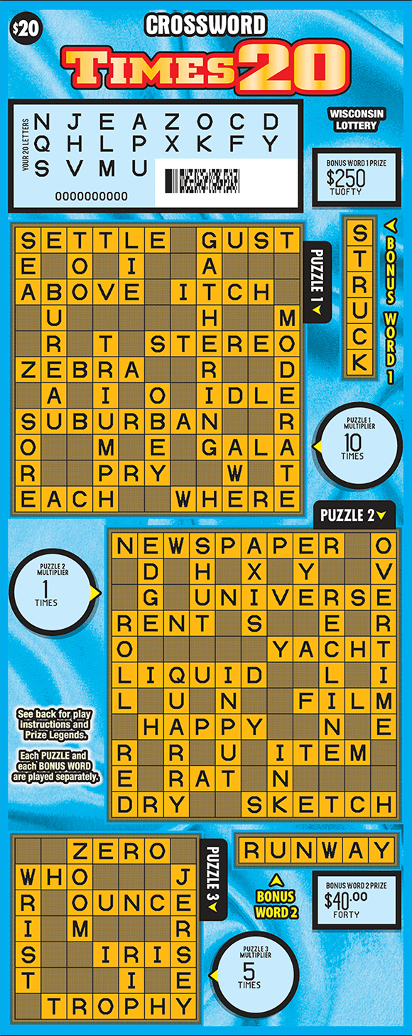 Crossword Times 20 Scratch Game blue and light blue background with three brown and orange crossword puzzles scratched to reveal letters in the your letters area on scratch ticket from wisconsin lottery