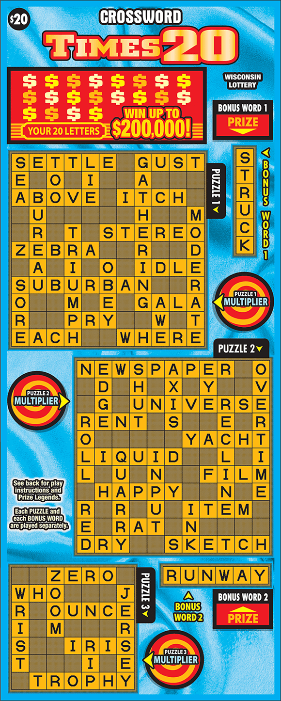 Crossword Times 20 Scratch Game blue and light blue background with three brown and orange crossword puzzle grids on scratch ticket from wisconsin lottery
