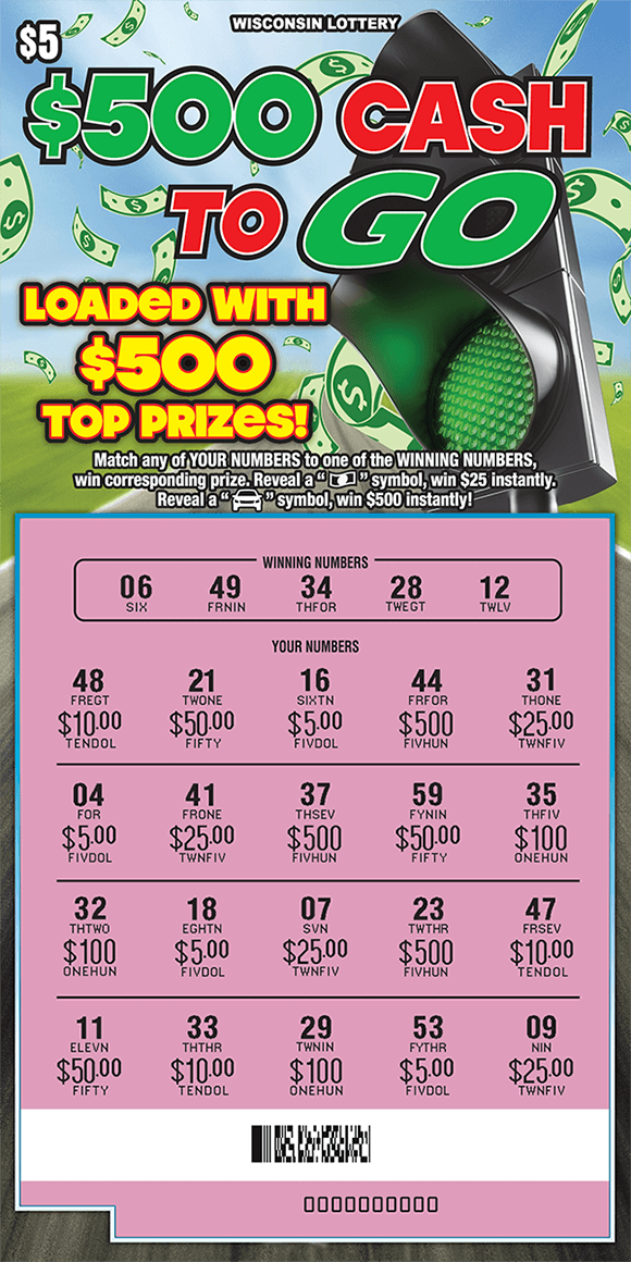 background of a race track with green grass and blue sky with floating dollar bills and a green traffic light scratched to reveal numbers and corresponding prize amounts on scratch ticket from wisconsin lottery