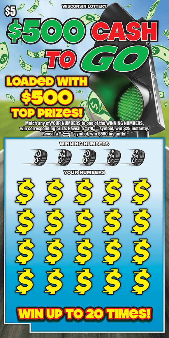 background of a race track with green grass and blue sky with floating dollar bills and a green traffic light with tires and racing dollar signs in play area on scratch ticket from wisconsin lottery
