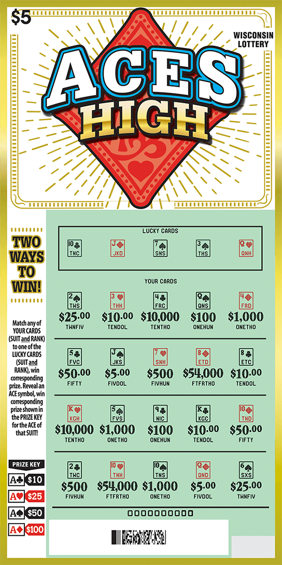 Aces High Scratch Game card theme game with playing cards scratched to reveal winning numbers and corresponding prize amounts on scratch ticket from wisconsin lottery