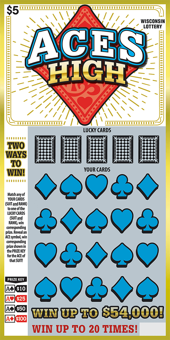 Aces High Scratch Game card theme game with playing cards and card suits in play area on scratch ticket from wisconsin lottery