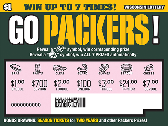 Go Packers Scratch Game green and gold packers themed ticket scratched to reveal winning symbols and prize amounts in play area on scratch ticket from wisconsin lottery
