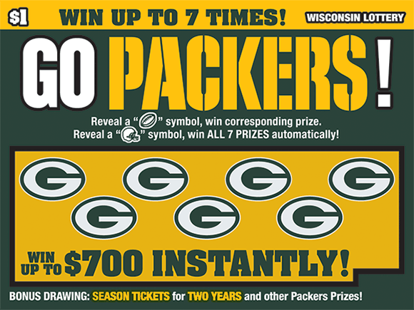 green and gold packers themed ticket with packers logo in play area on scratch game from wisconsin lottery