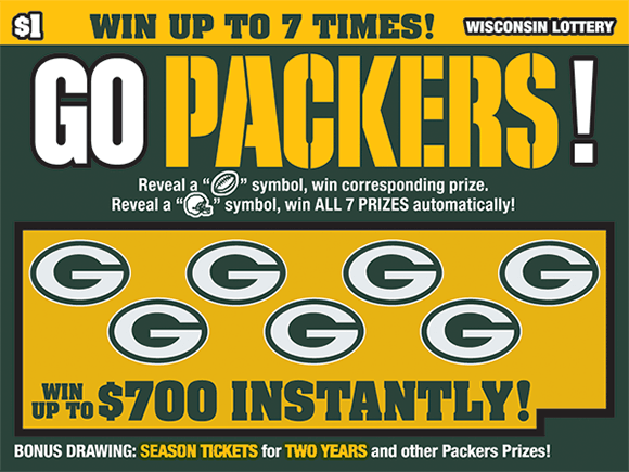Go Packers Scratch Game green and gold packers themed ticket with packers logo in play area on scratch game from wisconsin lottery