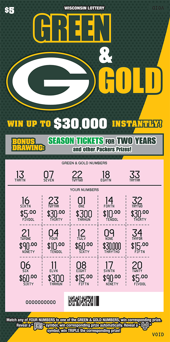background split diagonally between green and yellow with large packers logo at top scratched to reveal winning numbers and prize amounts on scratch ticket from wisconsin lottery