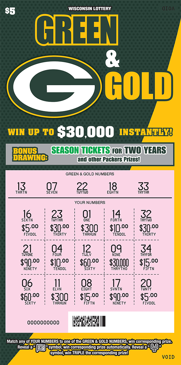 Green and Gold Scratch Game background split diagonally between green and yellow with large packers logo at top scratched to reveal winning numbers and prize amounts on scratch ticket from wisconsin lottery