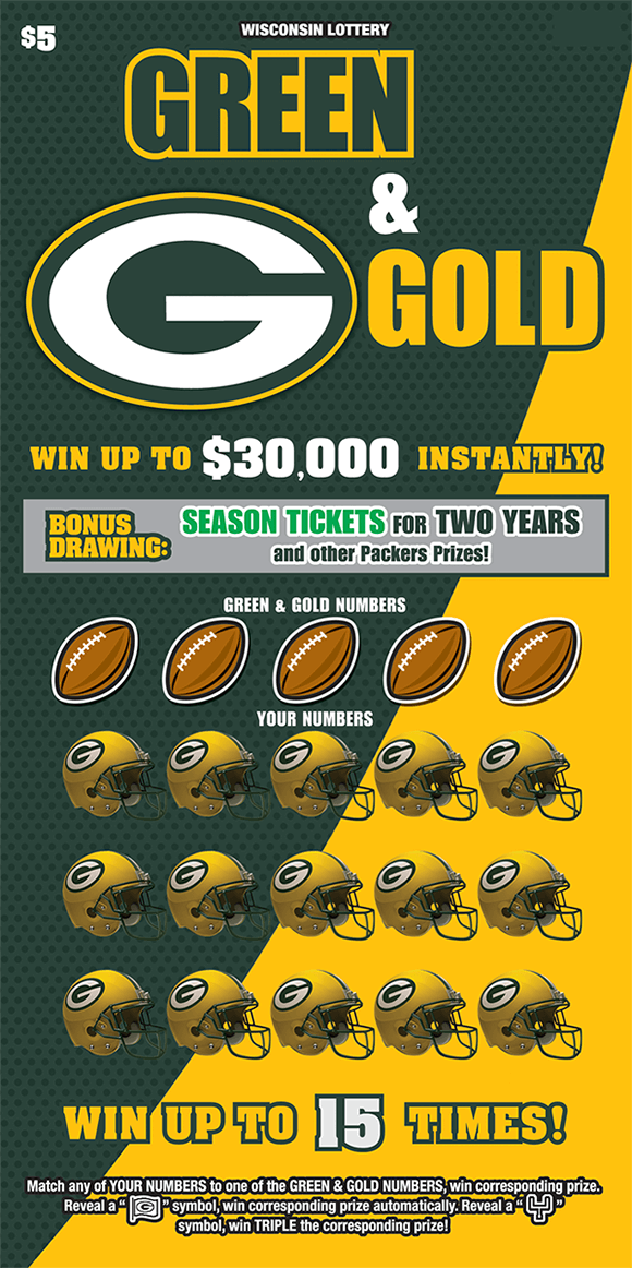 Green and Gold Scratch Game background split diagonally between green and yellow with large packers logo at top and footballs in play area on scratch ticket from wisconsin lottery