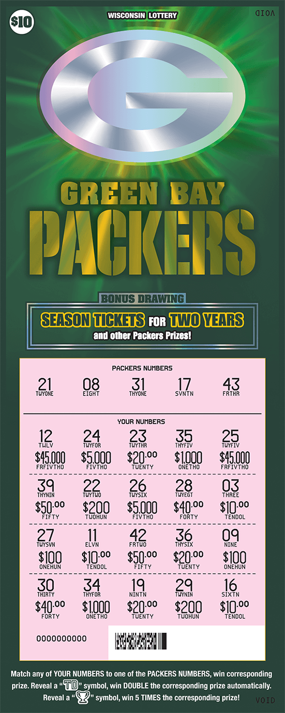 Packers Scratch Game green background with special reflective printing that makes silver packers logo reflective and shiny on scratch game from wisconsin lottery