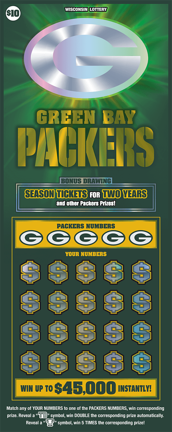 green background with special reflective printing that makes silver packers logo reflective and shiny on scratch game from wisconsin lottery