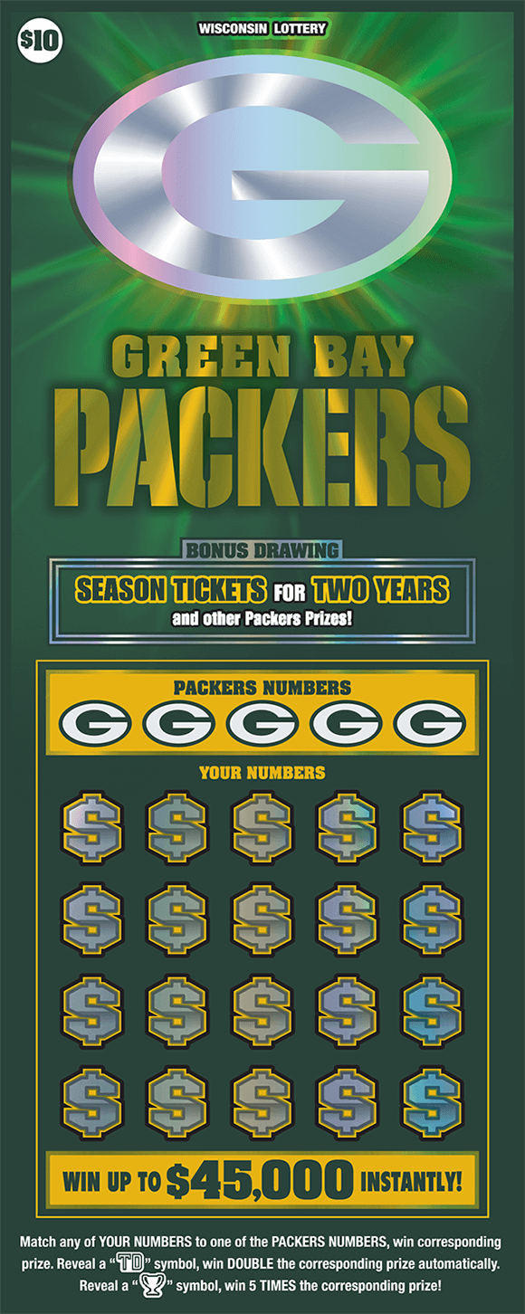 Packers Scratch Game green background with special reflective printing that makes silver packers logo reflective and shiny on scratch game from wisconsin lottery