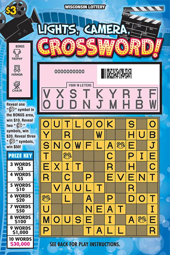 Lights Camera Crossword Scratch Game blue background with movie props like a camera and clapperboard with film scratched to reveal letters and play area on scratch ticket from wisconsin lottery