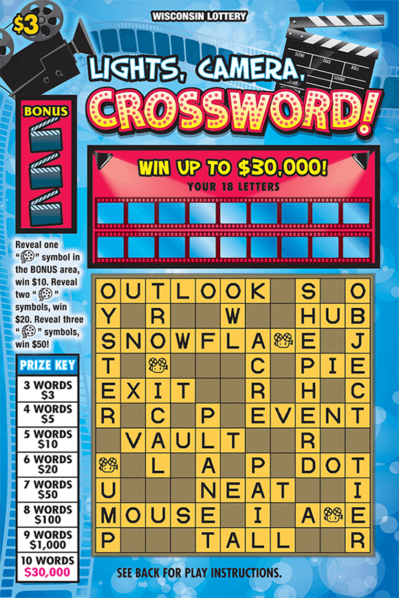 blue background with movie props like a camera and clapperboard with film on crossword ticket from wisconsin lottery