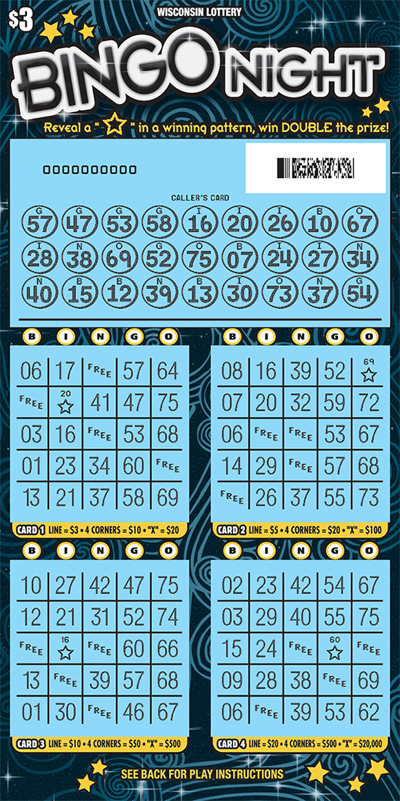 Bingo Night Scratch Game black background with lighter blue swirls scratched to reveal numbers and four scratched bingo grids on scratch ticket from wisconsin lottery