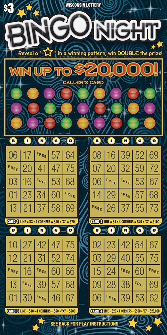 Bingo Night Scratch Game black background with lighter blue swirls and colorful bingo balls with four bingo cards on scratch game from wisconsin lottery