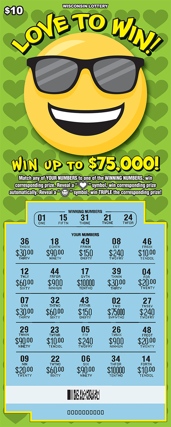 green background with gray hearts in repeating pattern and yellow smiley face wearing sunglasses scratched to reveal numbers and prize amounts in play area on scratch ticket from wisconsin lottery