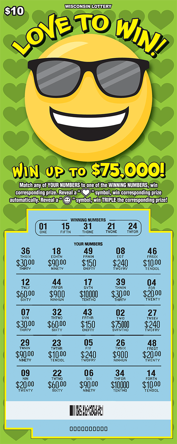 Love to Win Scratch Game green background with gray hearts in repeating pattern and yellow smiley face wearing sunglasses scratched to reveal numbers and prize amounts in play area on scratch ticket from wisconsin lottery