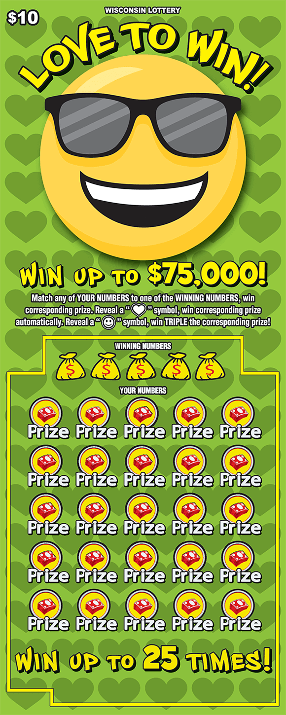 green background with gray hearts in repeating pattern and yellow smiley face wearing sunglasses on scratch ticket from wisconsin lottery