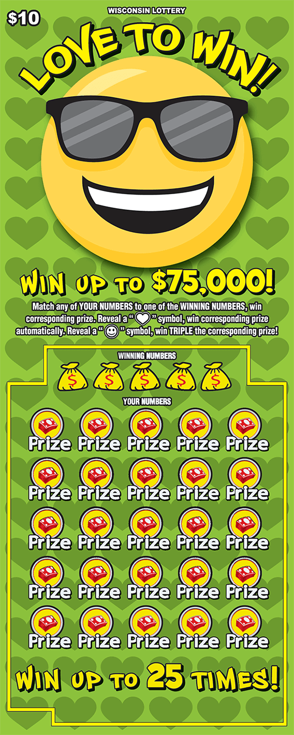 Love to Win Scratch Game green background with gray hearts in repeating pattern and yellow smiley face wearing sunglasses on scratch ticket from wisconsin lottery