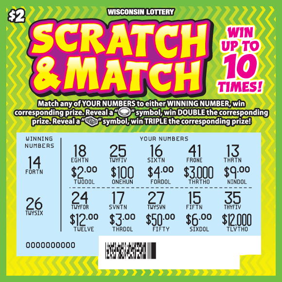 Scratch & Match yellow and lime green squiggly lines with magenta stars and yellow dollar signs on Wisconsin Lottery scratch game