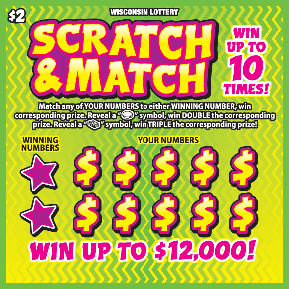 Scratch & Match yellow and lime green squiggly lines with magenta stars and yellow dollar signs on Wisconsin Lottery scratch game