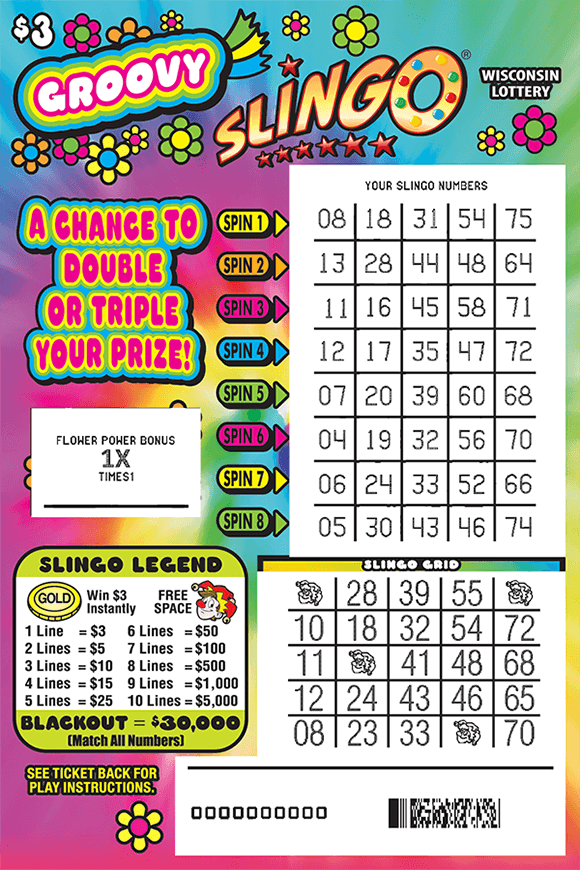 Groovy Slingo Scratch Game disco theme ticket with colorful tie dye background with peace signs and rainbows scratched to reveal numbers and grid on scratch ticket from wisconsin lottery
