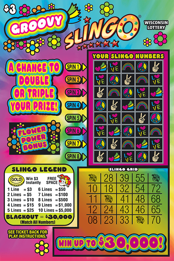 Groovy Slingo Scratch Game disco theme ticket with colorful tie dye background with peace signs and rainbows and flower bonus on scratch ticket from wisconsin lottery
