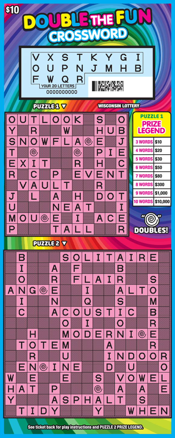 Double the Fun Crossword colorful swirl of bold and pastel rainbow colors with two pink crossword puzzles on Wisconsin Lottery scratch game