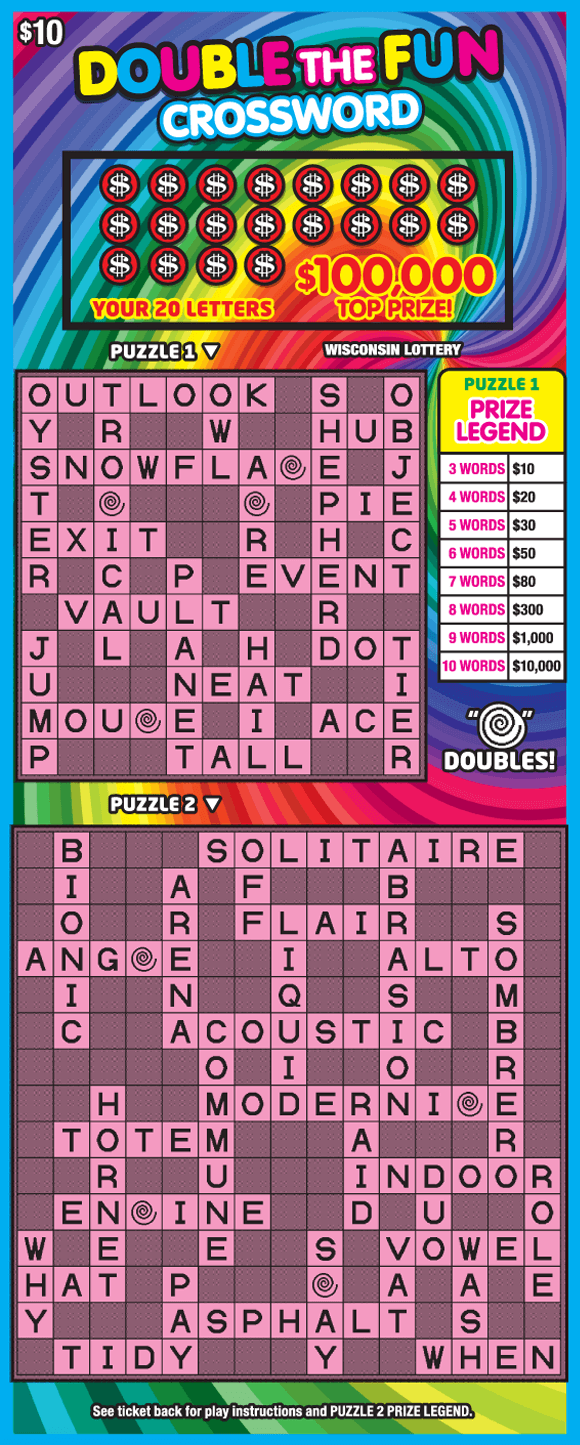 Double the Fun Crossword colorful swirl of bold and pastel rainbow colors with two pink crossword puzzles on Wisconsin Lottery scratch game
