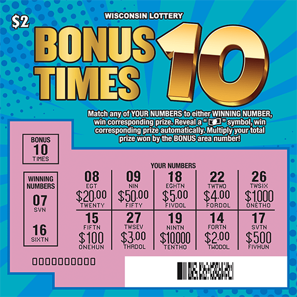 team and blue background with shiny golf text with the game name bonus times 10 with play area scratched to reveal numbers and corresponding prize amounts on scratch ticket from wisconsin lottery