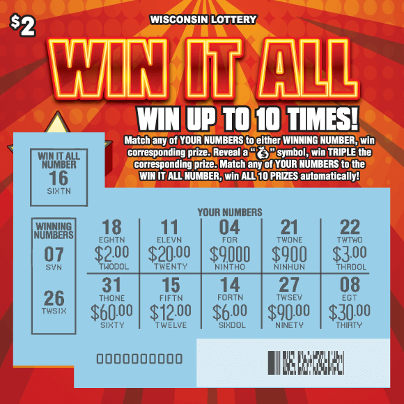 Win it All orange and red sunburst pattern with light blue scratched play area on Wisconsin Lottery scratch game