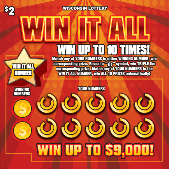 Win it All orange and red sunburst pattern with golden star, coins and rings on Wisconsin Lottery scratch game
