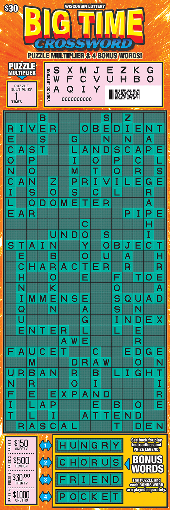 Big Time Crossword Scratch Game oversized ticket with orange background and teal crossword grid scratched to reveal letters in your letters area on scratch ticket from wisconsin lottery
