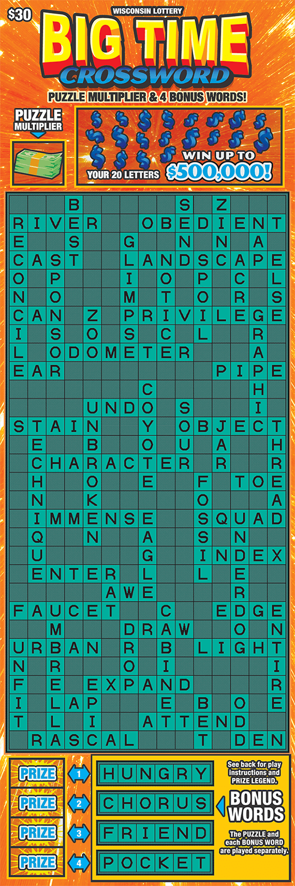 Big Time Crossword Scratch Game oversized ticket with orange background and a teal crossword grid and three teal bonus words at the bottom on scratch ticket from wisconsin lottery
