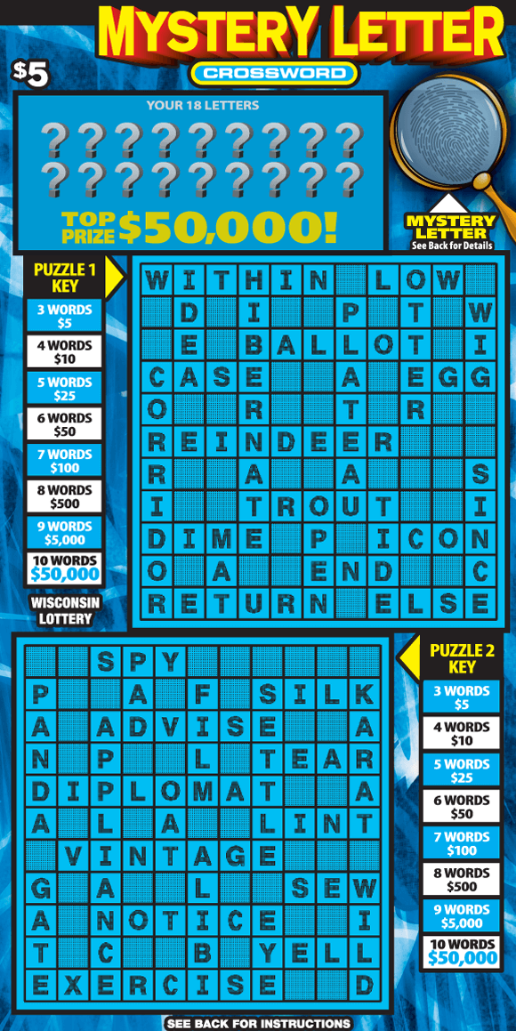 overlapping angled lines in various shades of blue with two blue crossword puzzles on Wisconsin Lottery scratch game