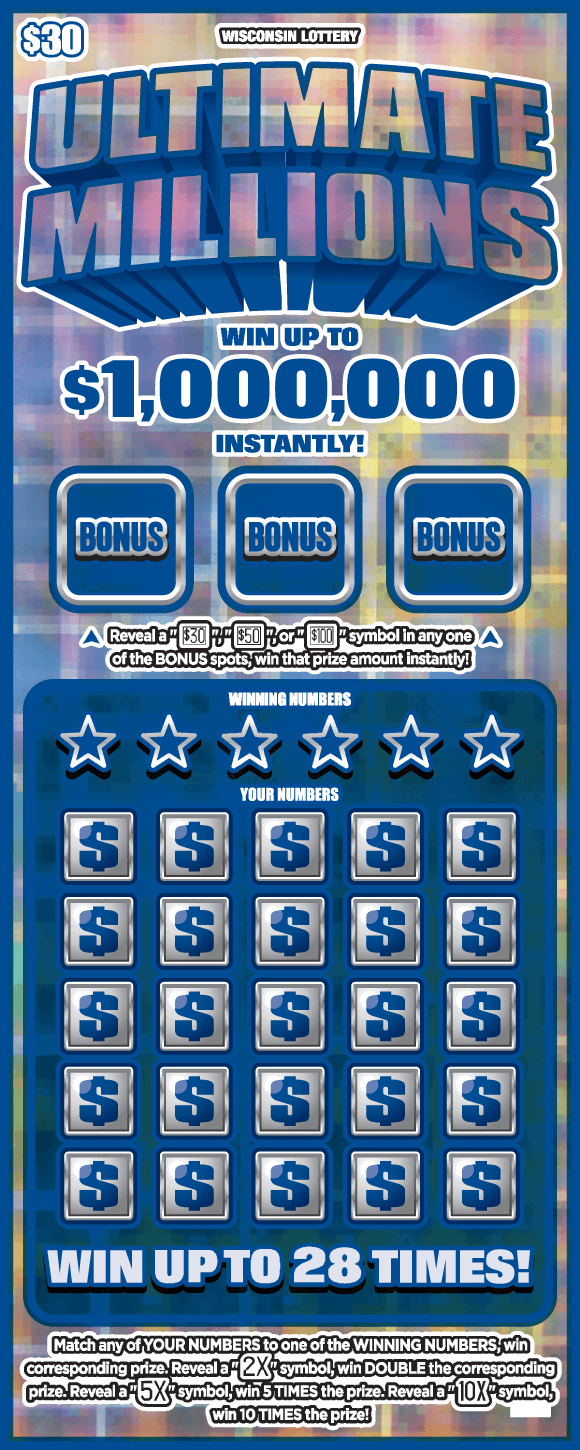 metallic silver reflective background with bold blue squares on Wisconsin Lottery scratch game
