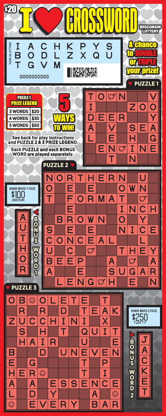 bold yellow and red lettering on grey hearts background with three red crosswords on Wisconsin Lottery scratch game