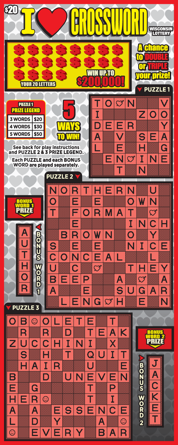 bold yellow and red lettering on grey hearts background with three red crosswords on Wisconsin Lottery scratch game