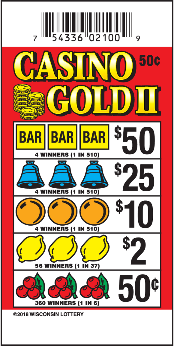 red ticket with stacks of gold coins and bold black and yellow letters showcasing blue bells, yellow bars, lemon, orange and cherry icons